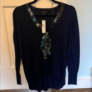 J. Crew Navy Long Sleeve Top with Floral Trim